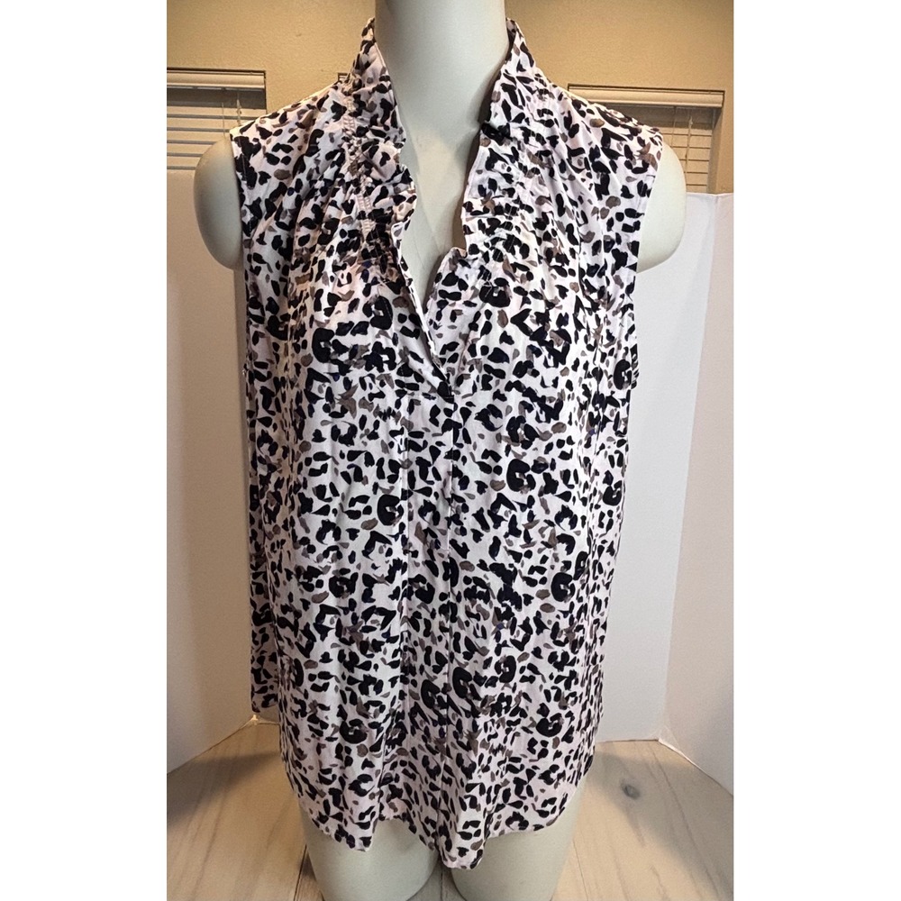 NIC+ZOE Womens Large Animal Print Ruffle V-Neck Sleeveless Blouse White Black